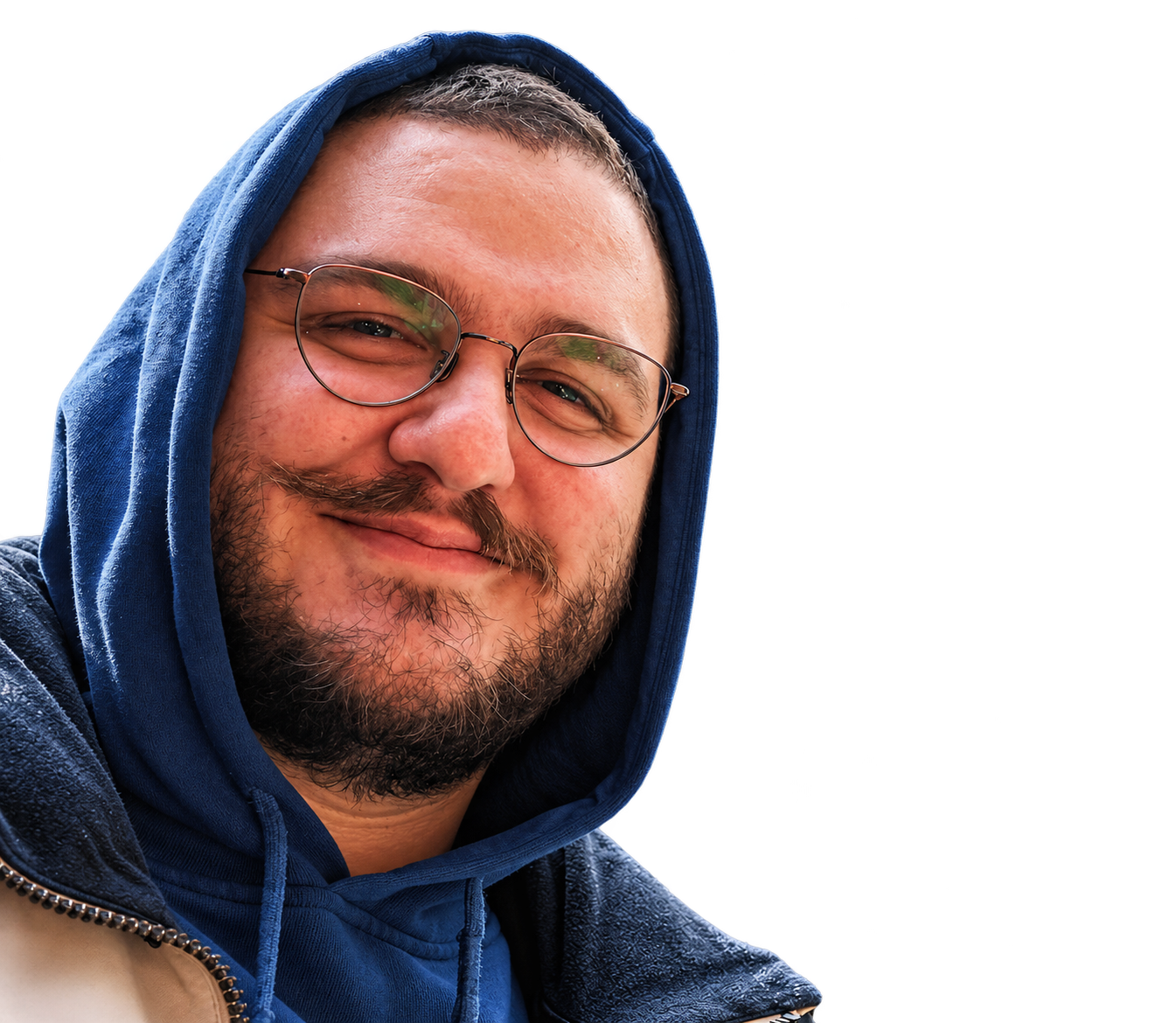 Doğukan Edis wearing glasses and a blue hoodie